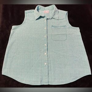 Vtg 90s Sears Basic Editions Green White Gingham Sleeveless Button Up Shirt 2XL
